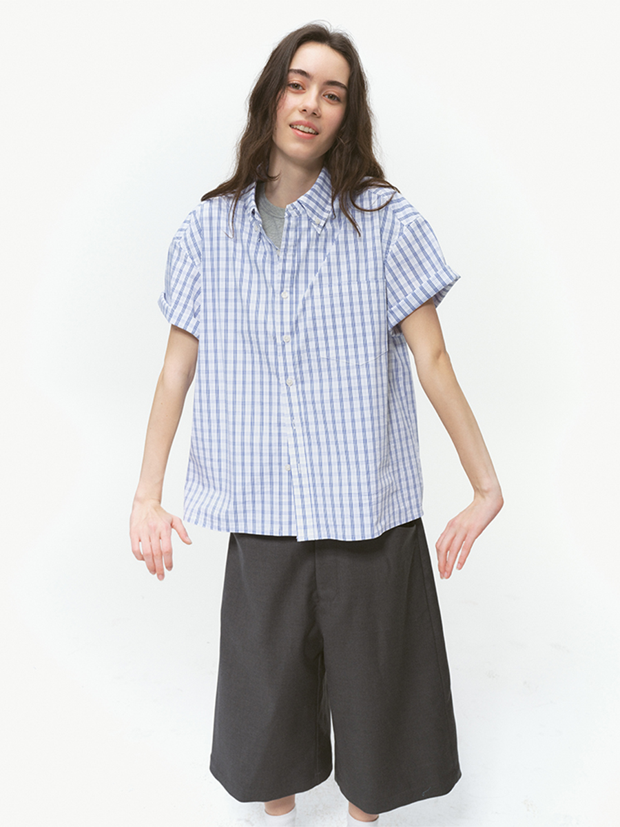 Unisex Relaxed Fit Blue Gingham Shirt | Short Sleeve Vintage Button-Down
