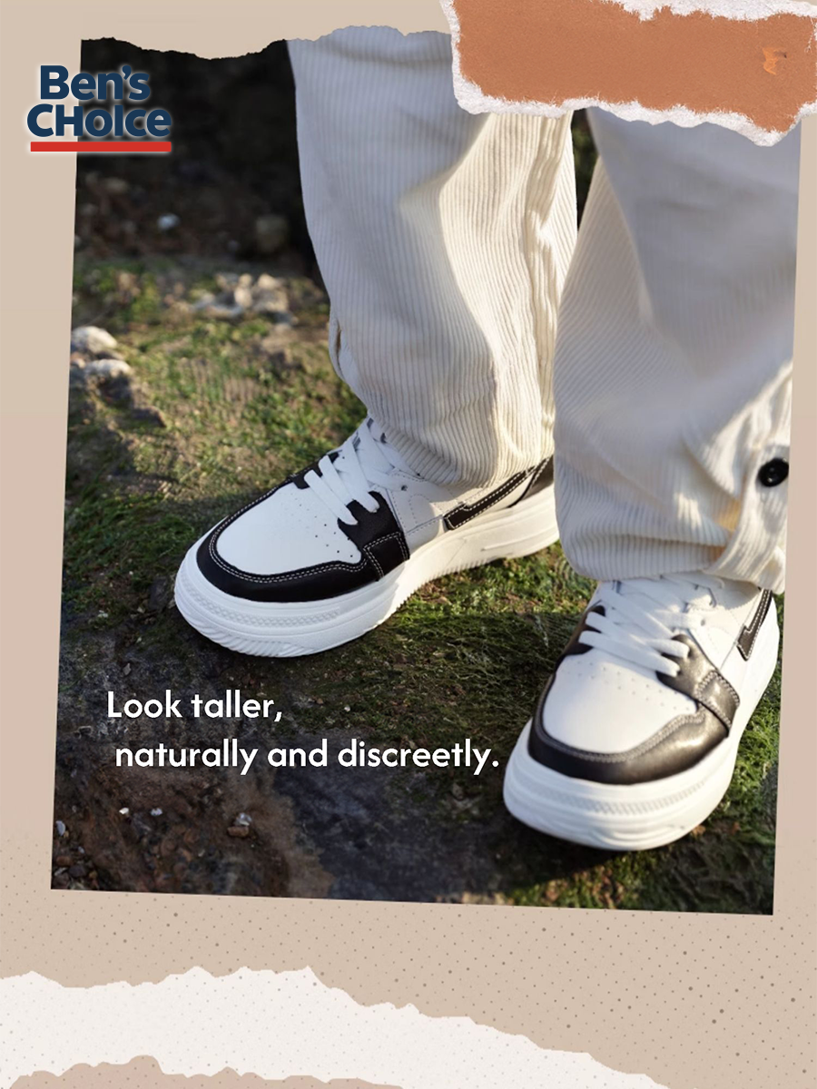 Elevator Sneakers 10cm Hidden Height Increase - Black & White Skate Style High Platform Shoe -01