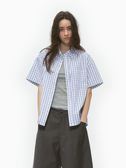 Unisex Relaxed Fit Blue Gingham Shirt | Short Sleeve Vintage Button-Down
