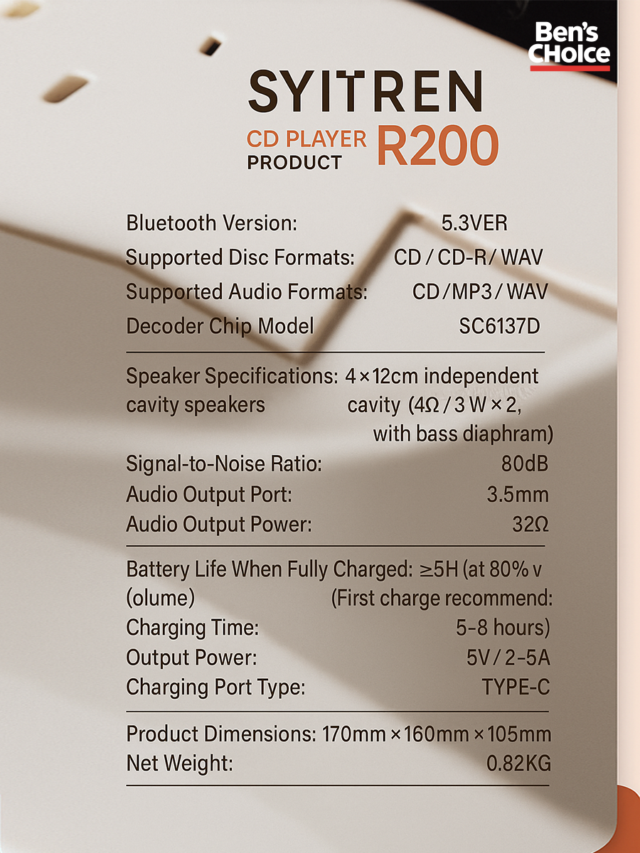 Syitren R200 Portable CD Player with Speakers | Retro 2-Way Bluetooth 5.3 Transmitter & Receiver | Rechargeable All-in-One Desktop Audio Player with 3.5mm Output